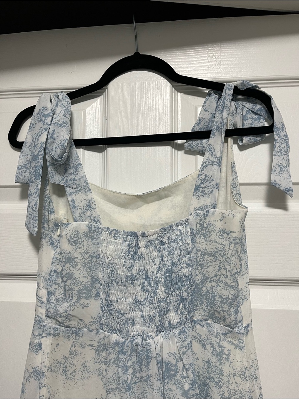 Lulu's Summer Invite White and Blue Toile Tie-Strap Tiered Midi Dress - Picture 5 of 7